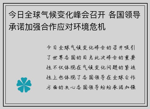 今日全球气候变化峰会召开 各国领导承诺加强合作应对环境危机