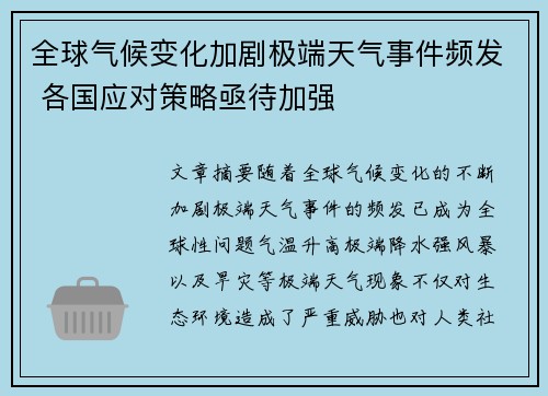 全球气候变化加剧极端天气事件频发 各国应对策略亟待加强