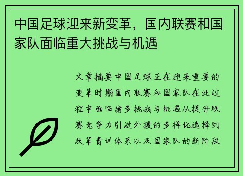 中国足球迎来新变革，国内联赛和国家队面临重大挑战与机遇