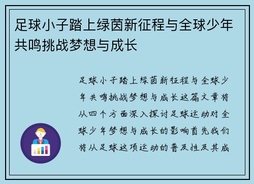 足球小子踏上绿茵新征程与全球少年共鸣挑战梦想与成长