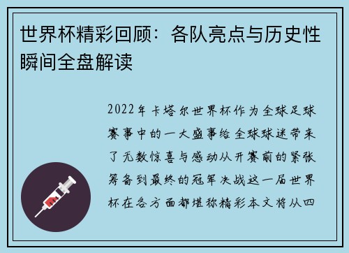 世界杯精彩回顾：各队亮点与历史性瞬间全盘解读