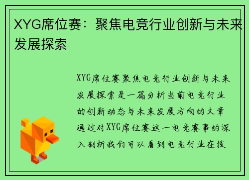 XYG席位赛：聚焦电竞行业创新与未来发展探索